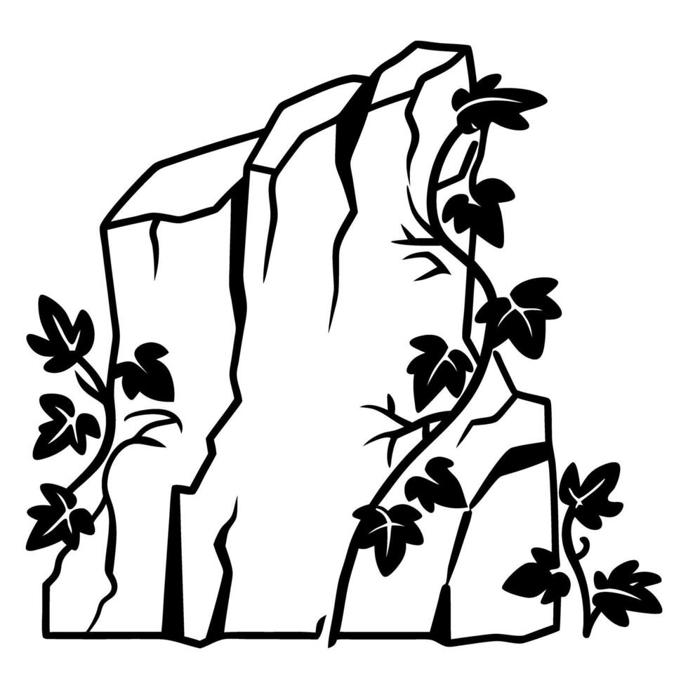 Stylized rock formation with climbing ivy vines, minimalist black and white illustration vector