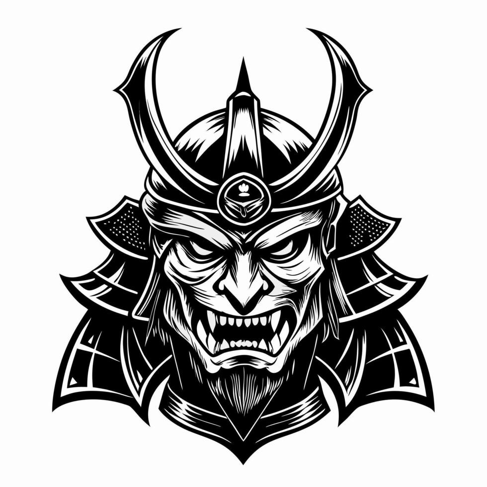 Fierce Samurai Warrior Mask Illustration in Black and White vector