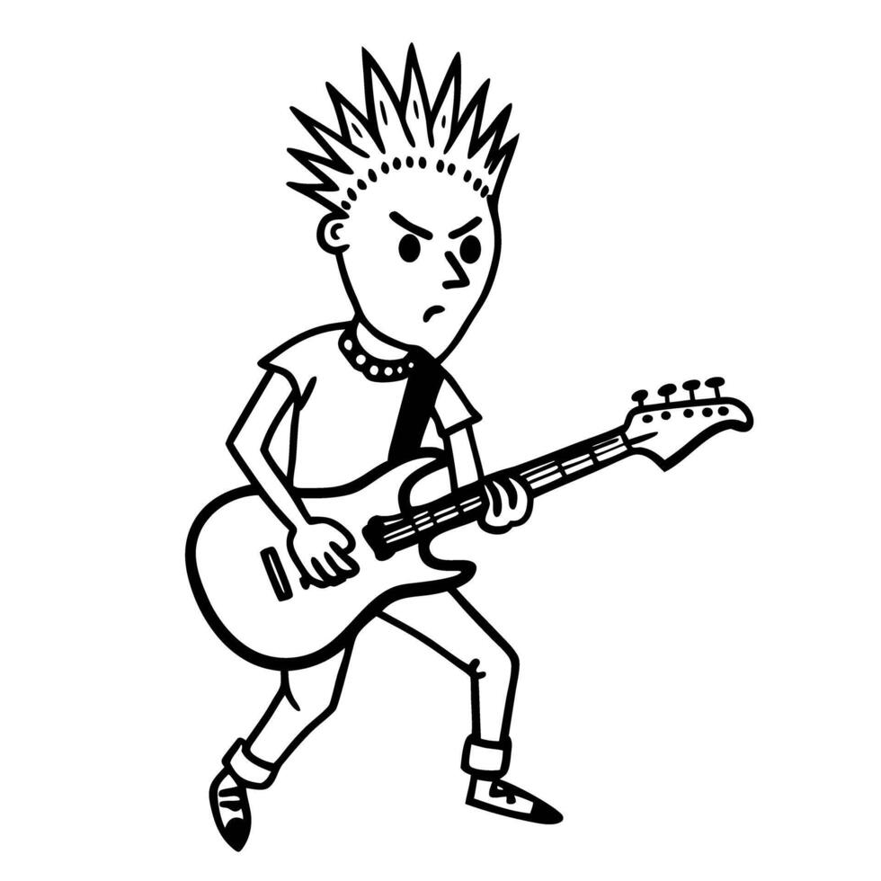 Angry punk rocker with spiky hair playing electric guitar in energetic performance vector
