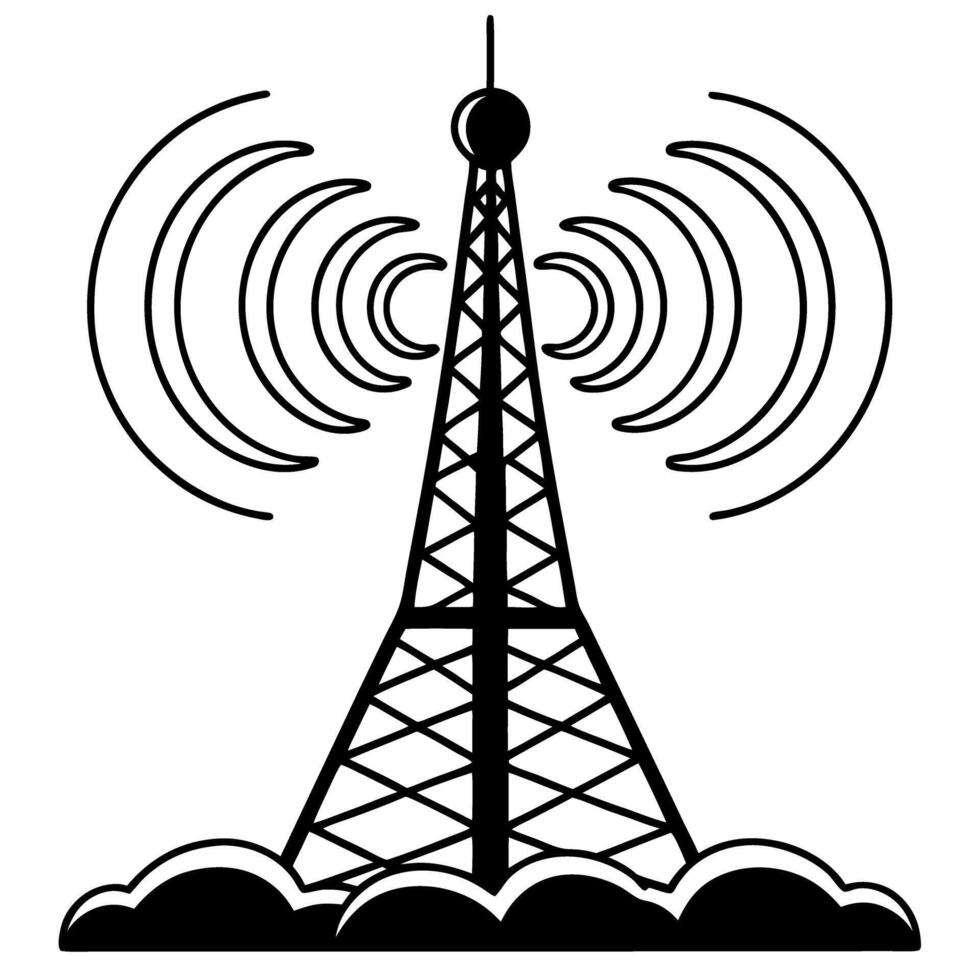 Wireless communication tower transmitting signals silhouette with waves and antenna symbol vector