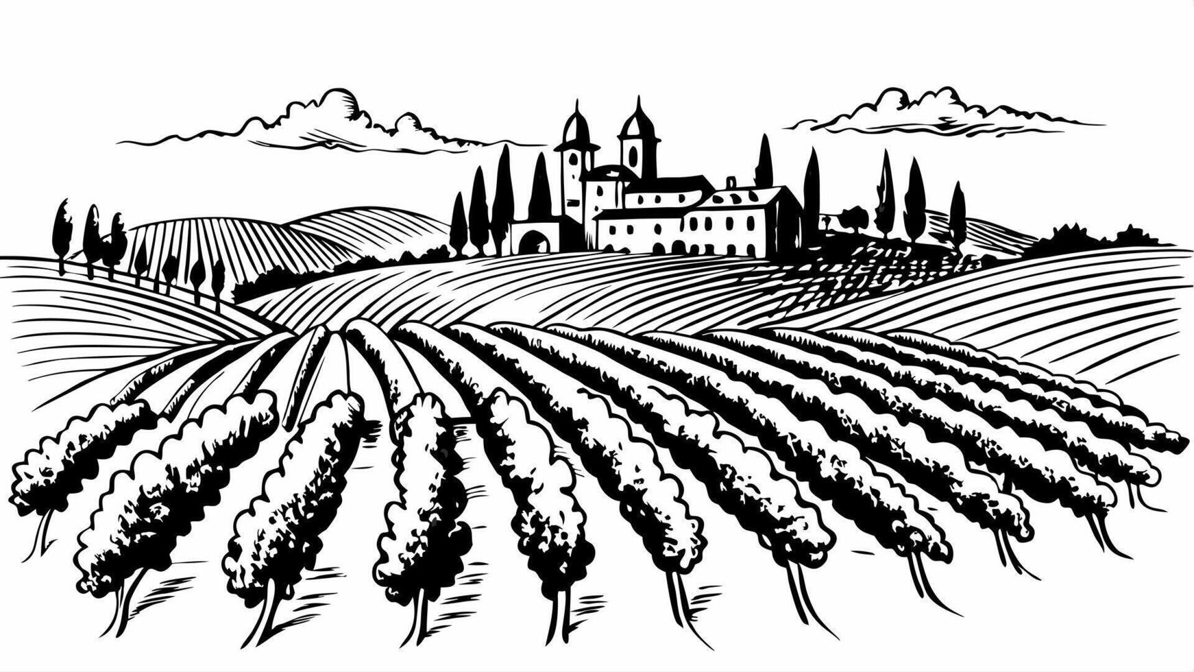 Rustic Countryside Vineyard with Rolling Hills and Farmhouse Illustration vector