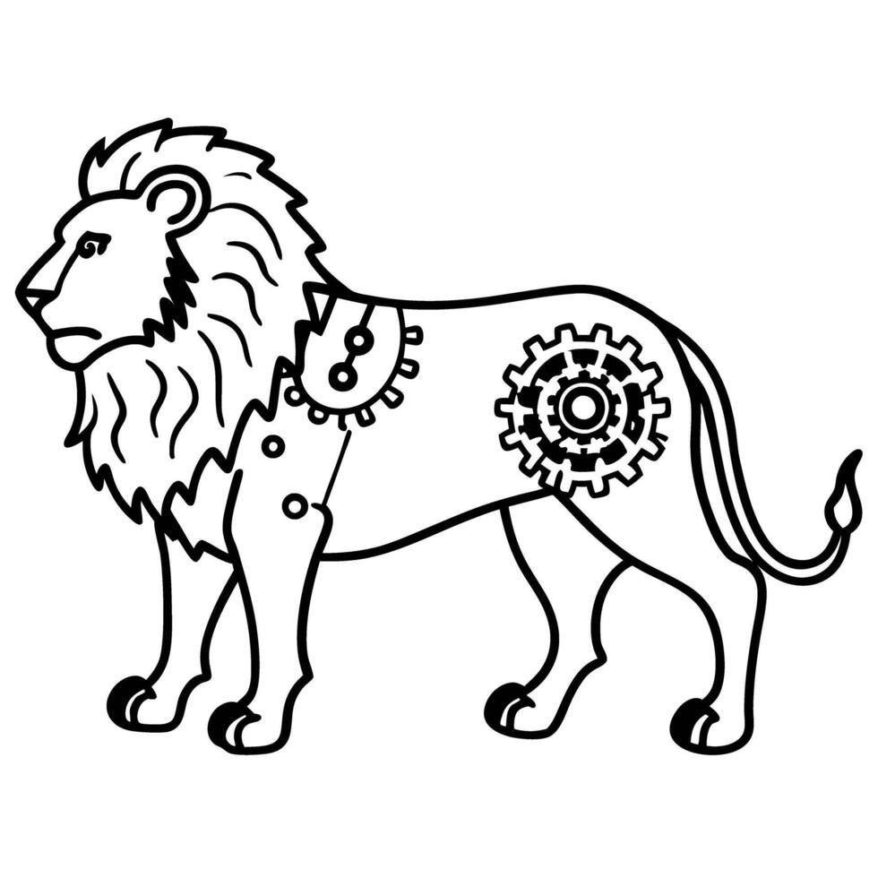 Mechanical lion illustration with gears and mechanical elements vector