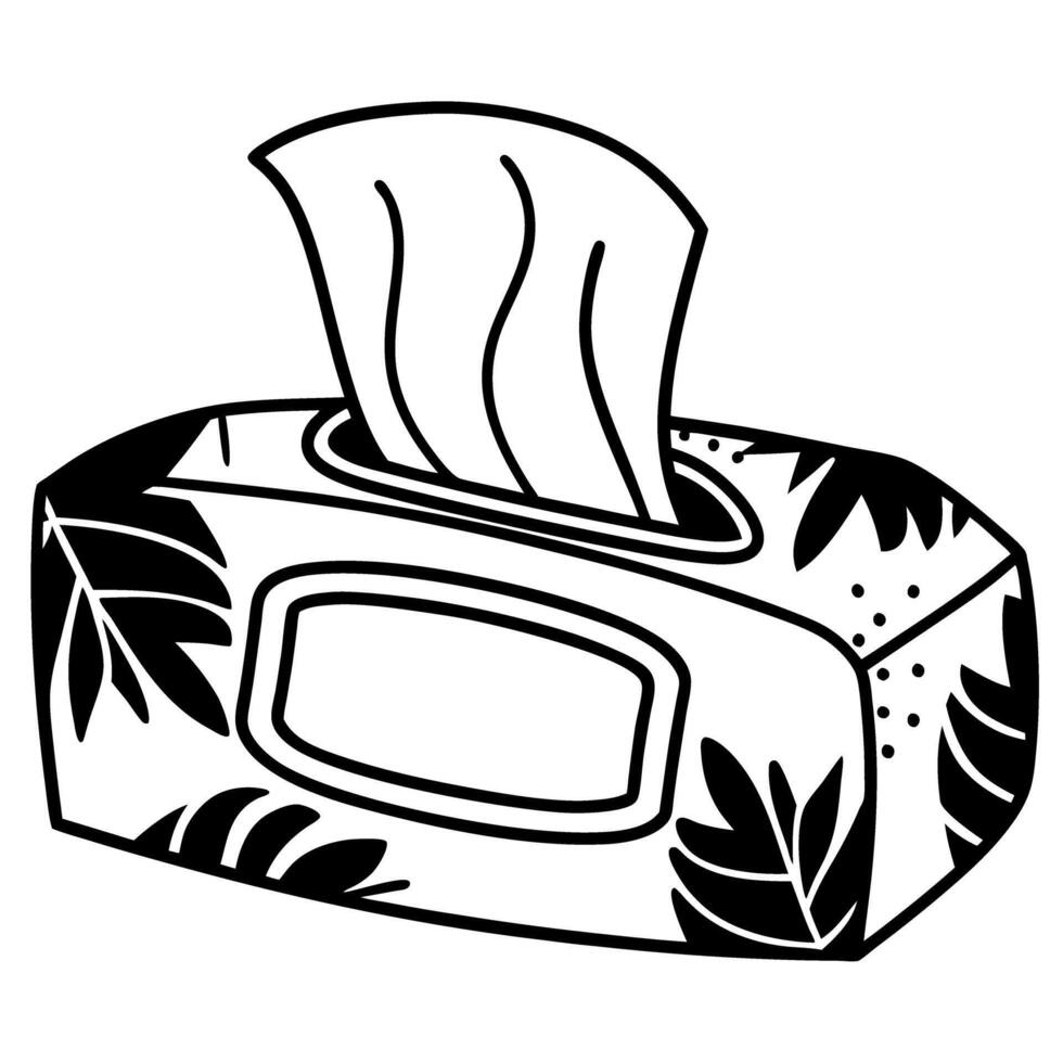 box of tissues with leaf design black and white illustration for home decor or art vector