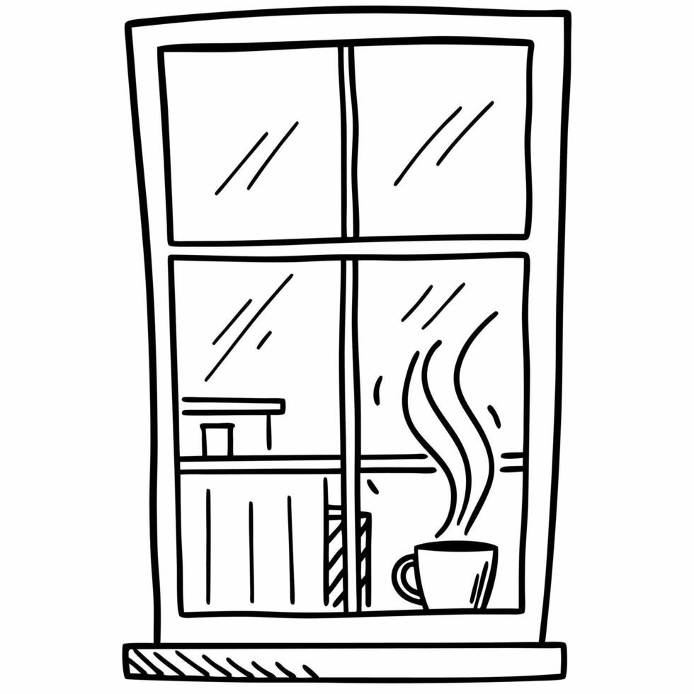 Cozy morning coffee cup on indoor windowsill view relaxation and warmth in simple line art illustration vector