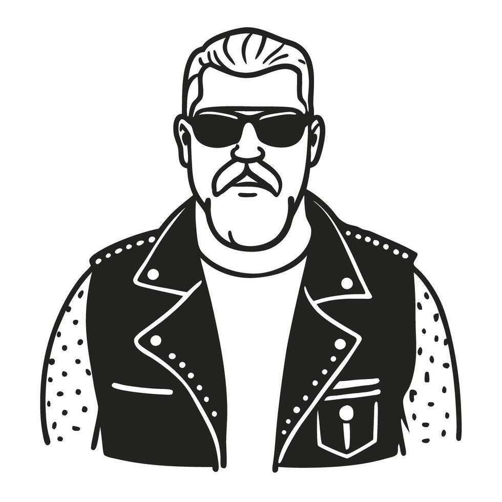 bearded man in sunglasses and leather jacket rock biker style, confident cool attitude vector