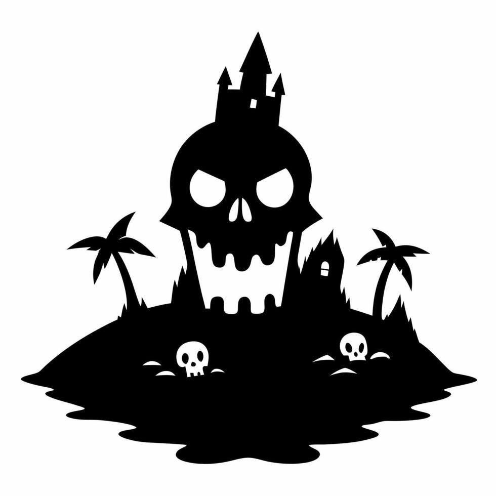 Spooky Skull Island Silhouette with Haunted Castle and Palm Trees vector