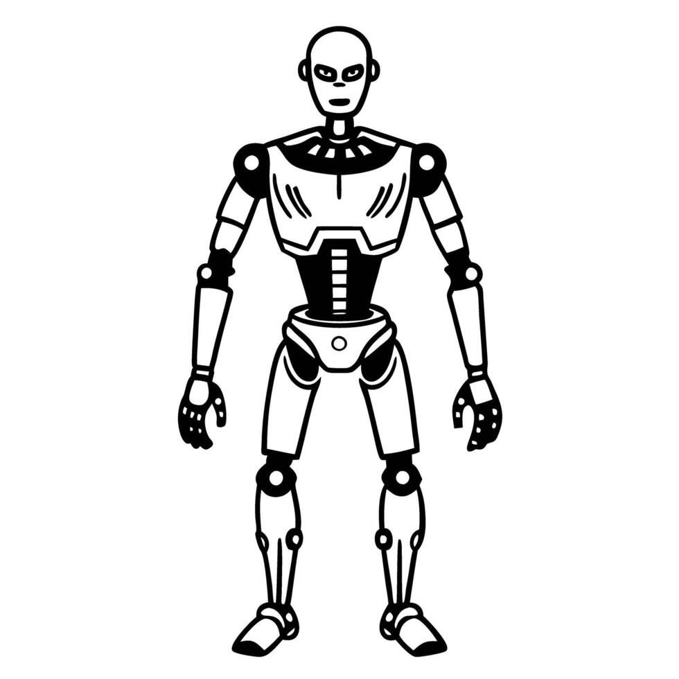 futuristic humanoid robot design with mechanical joints standing ai concept illustration in monochrome vector