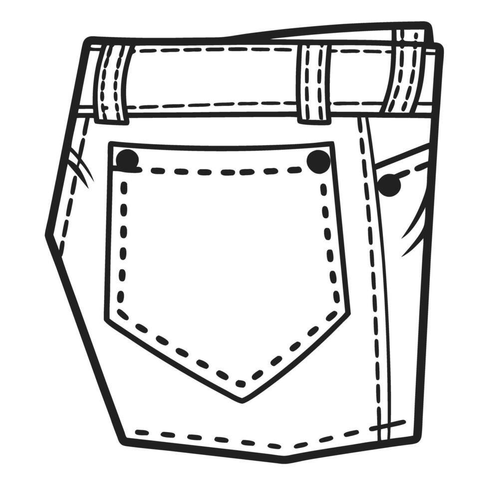 Jeans pocket illustration black and white sketch of a denim jeans back pocket with detailed stitching and rivets vector