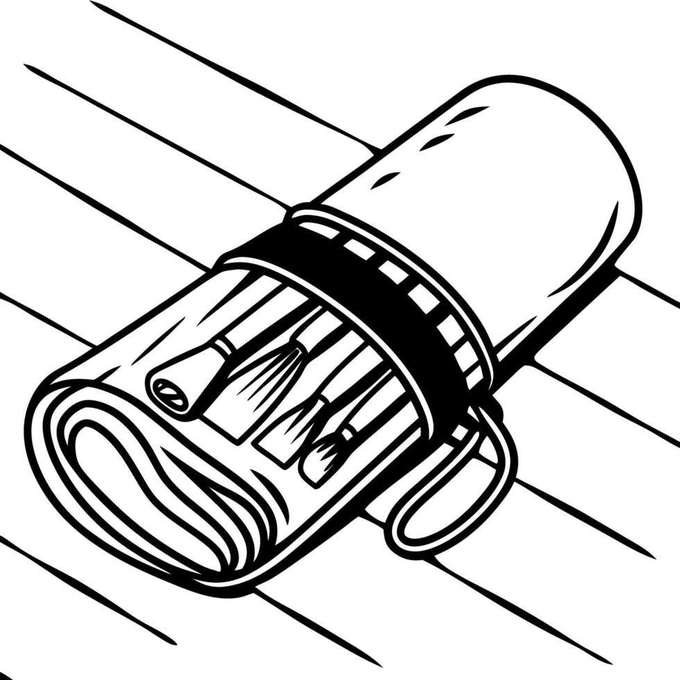 artist brushes in a rolled canvas holder sketch style, art tools for painting and creativity on wooden surface vector