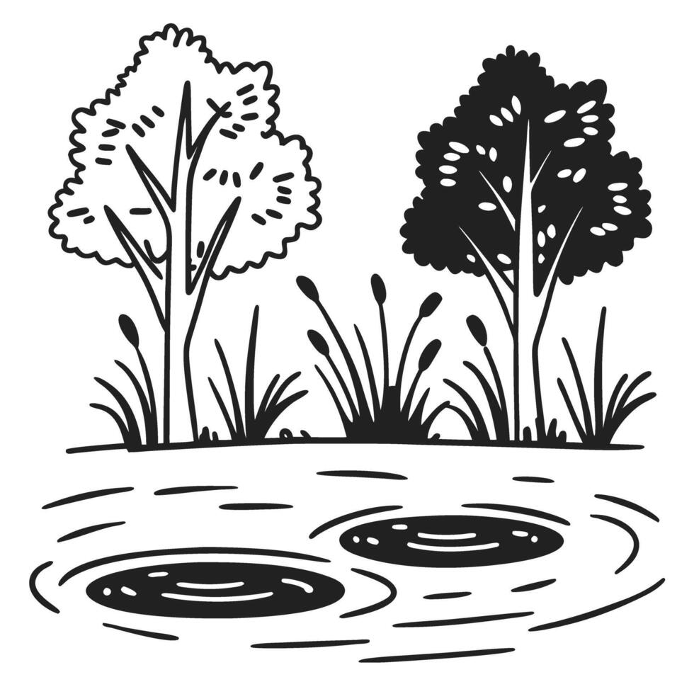 Two trees by a pond black and white illustration of serene nature scene with water and plants vector