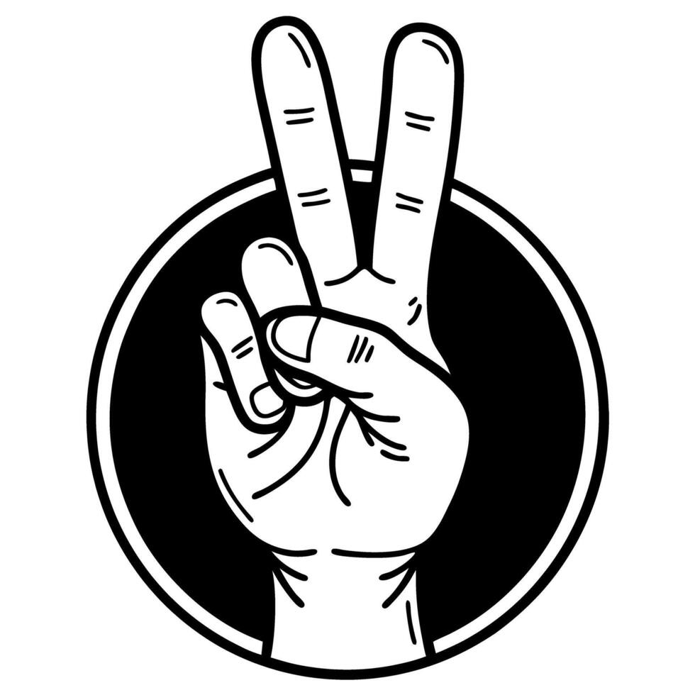 black and white peace hand symbol victory gesture, circular design sign of hope, harmony, and freedom vector
