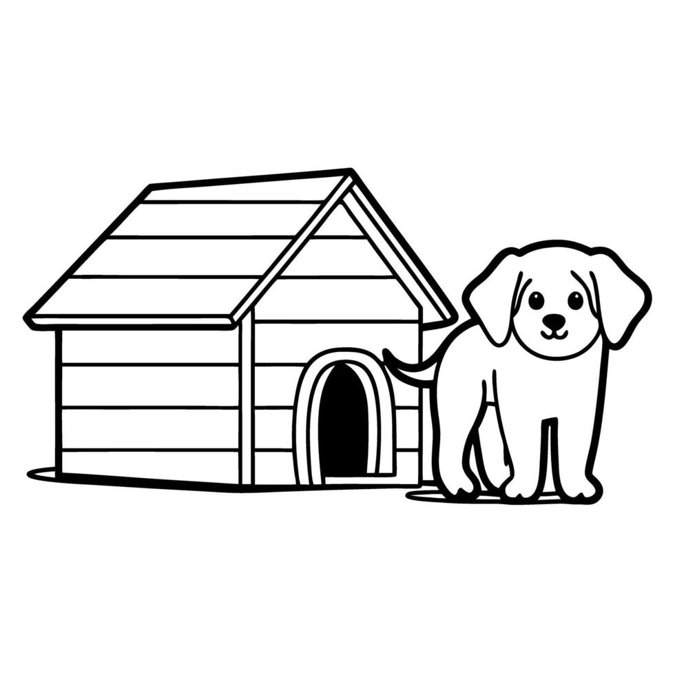 Puppy and doghouse outline pet shelter icon vector