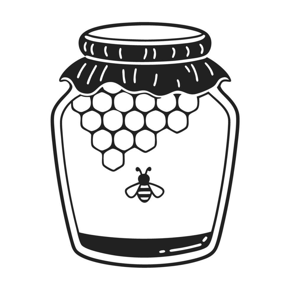 Honey jar illustration with honeycomb pattern and bee sweet natural product icon vector