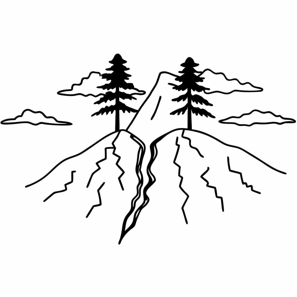 mountain peak landscape with trees and clouds, black and white line art illustration vector
