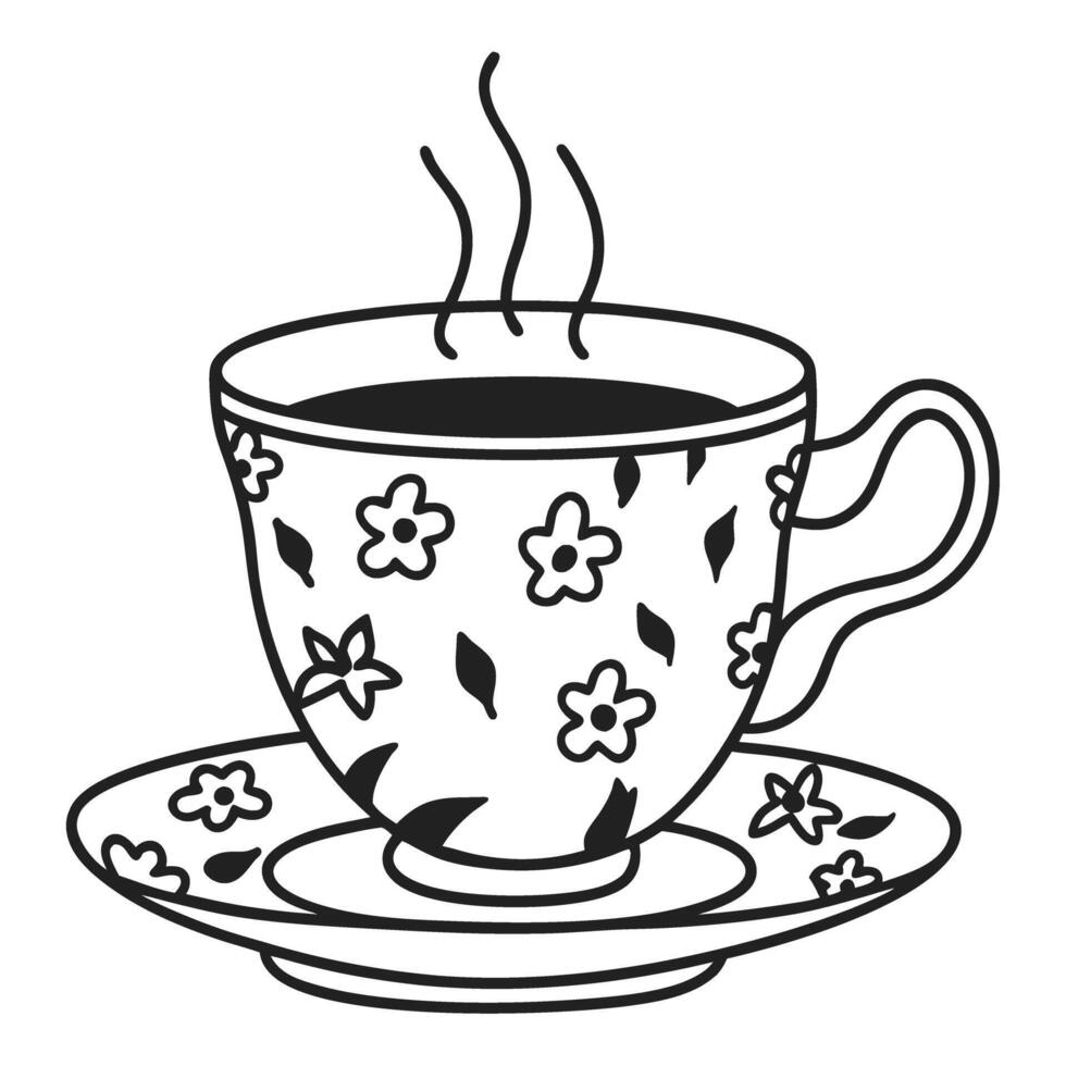 Floral tea cup illustration with steam, elegant black and white design vector