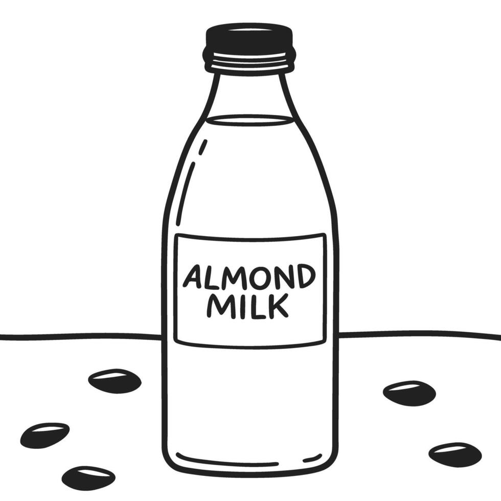 almond milk illustration glass bottle with label, black and white dairy free, plant based beverage concept vector
