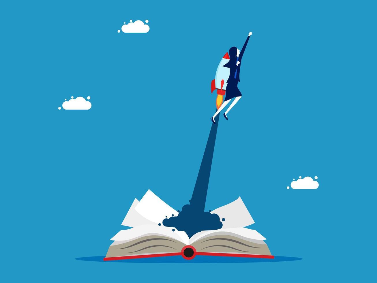 businesswoman flying on top of open book with rocket vector