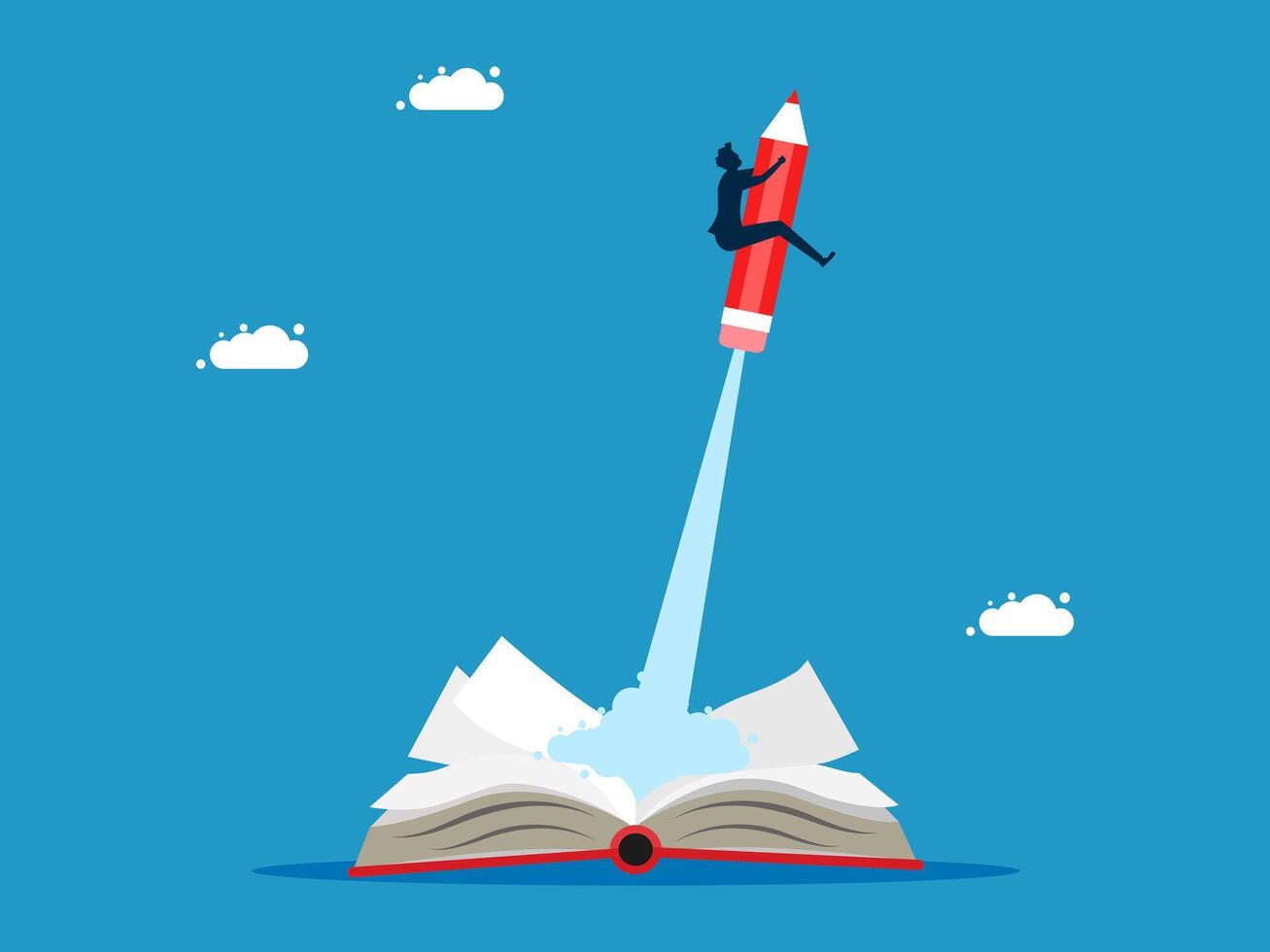 a man is flying over an open book with a red pencil vector