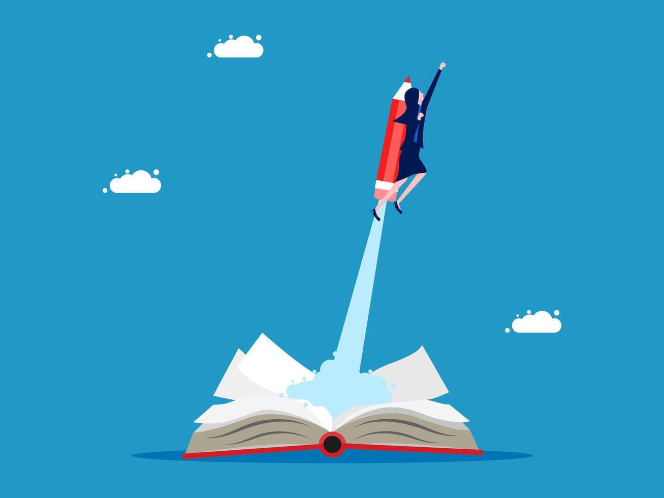 businessman flying over open book with rocket vector