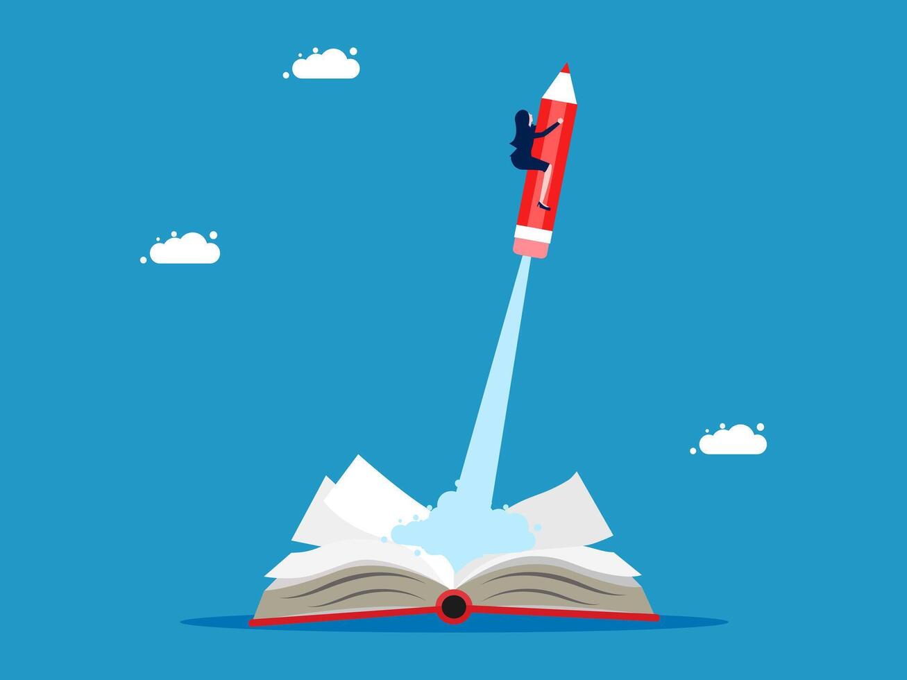 a red rocket flying out of an open book vector