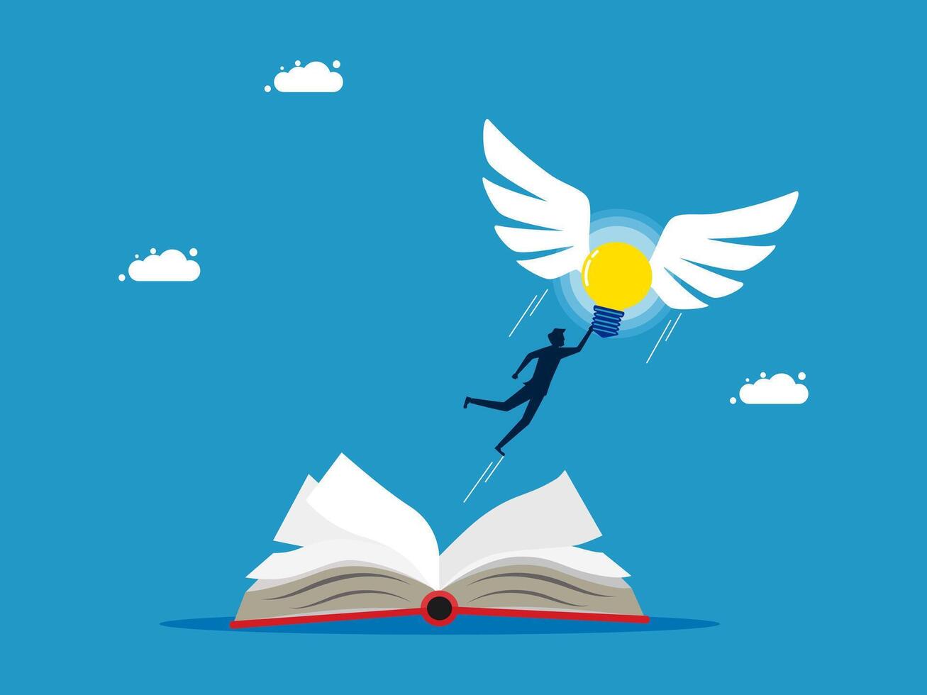 a man flying over an open book with an idea light bulb vector