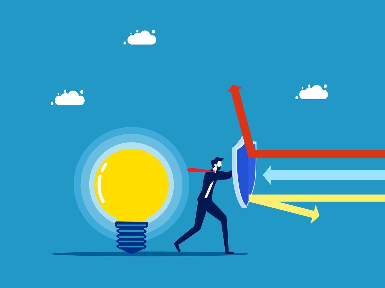 Protect knowledge. businessman holding a shield to protect the light bulb vector
