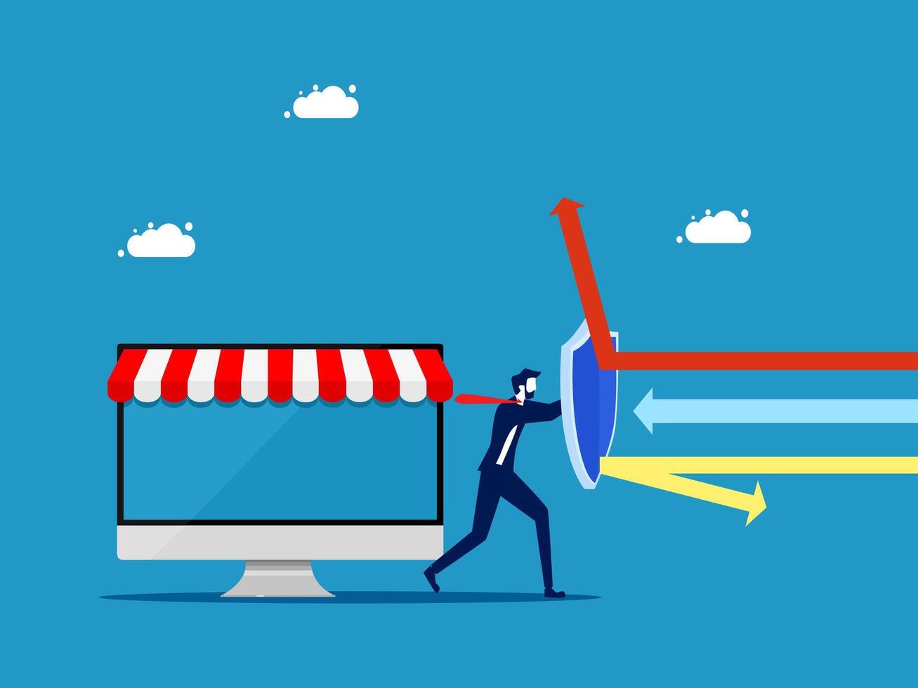 Businessman holding shield to protect online business vector