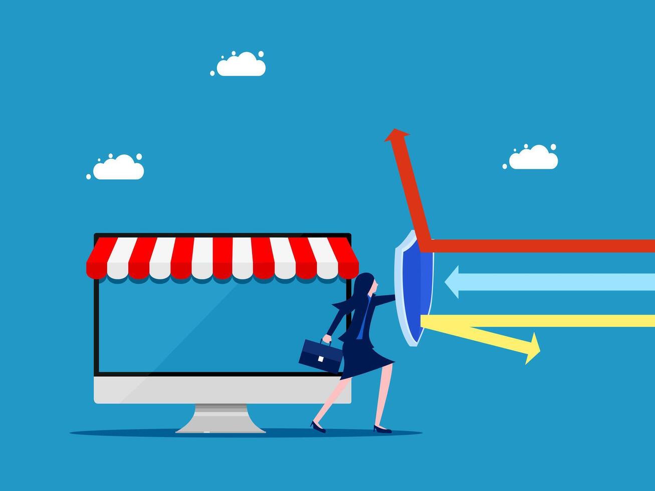Businesswoman holding shield to protect online business vector