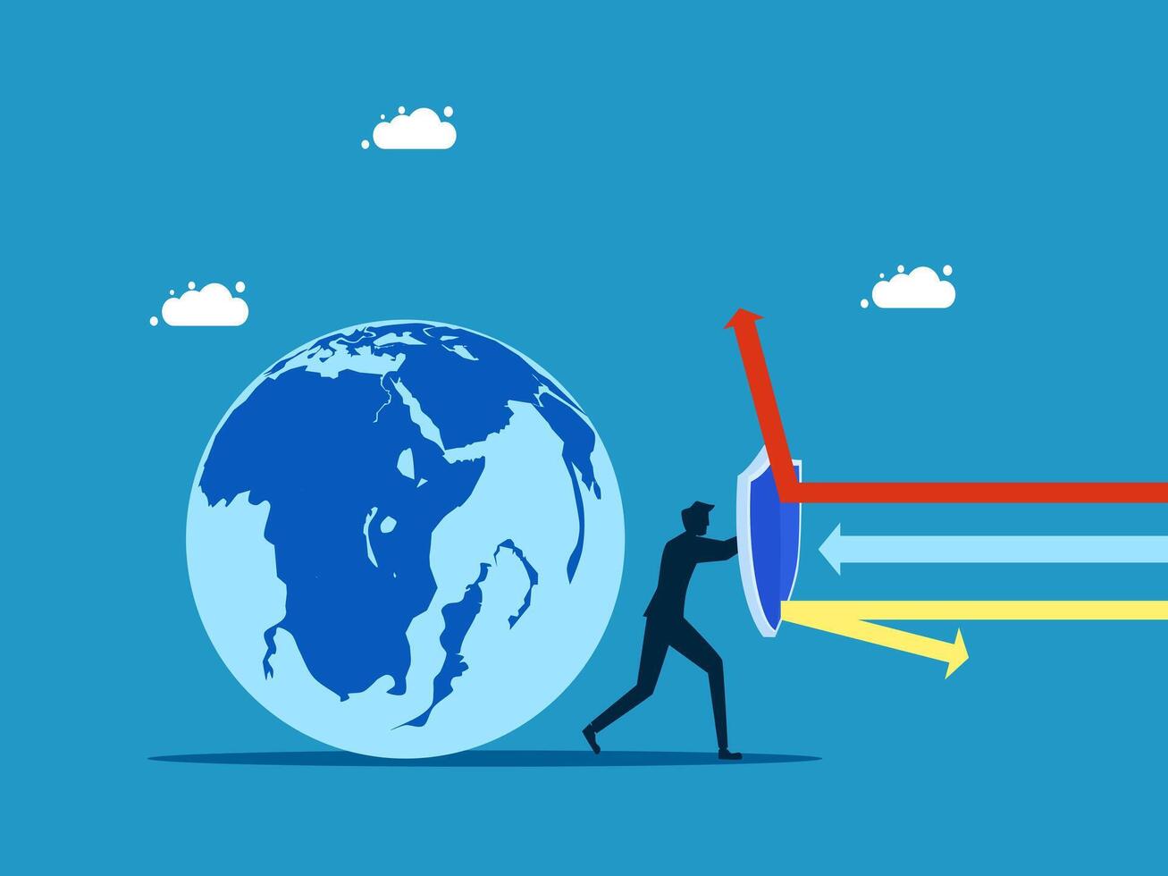 protection of the world economy. man holding a shield to protect the earth vector