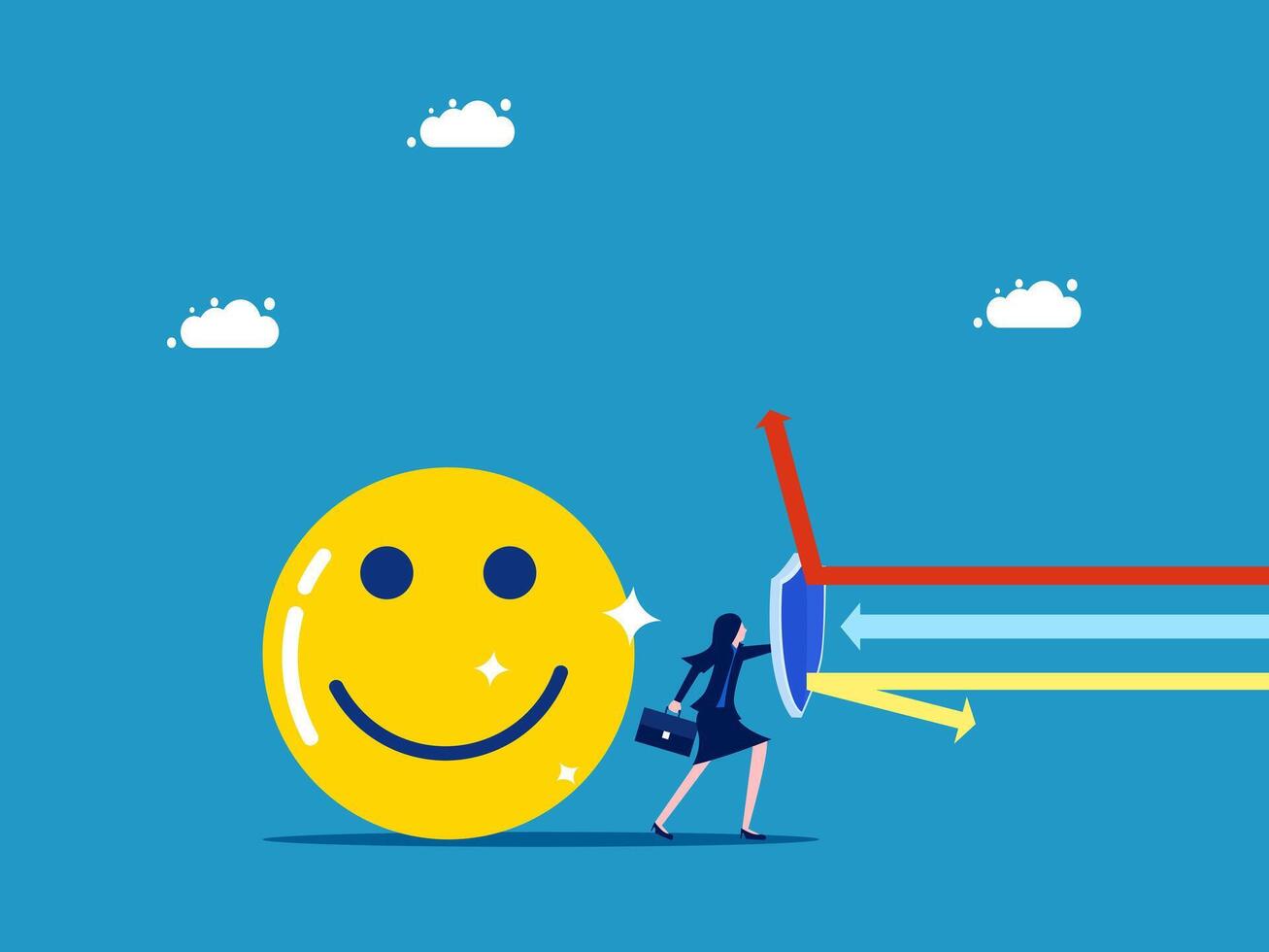 Protect positive thoughts. Businesswoman holding shield to protect positive thinking vector