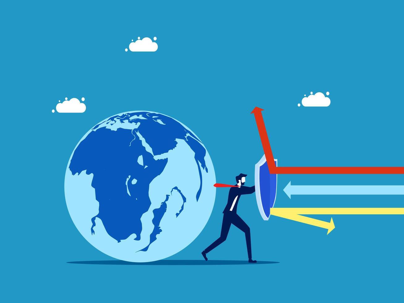 protection of the world economy. businessman holding a shield to protect the earth vector