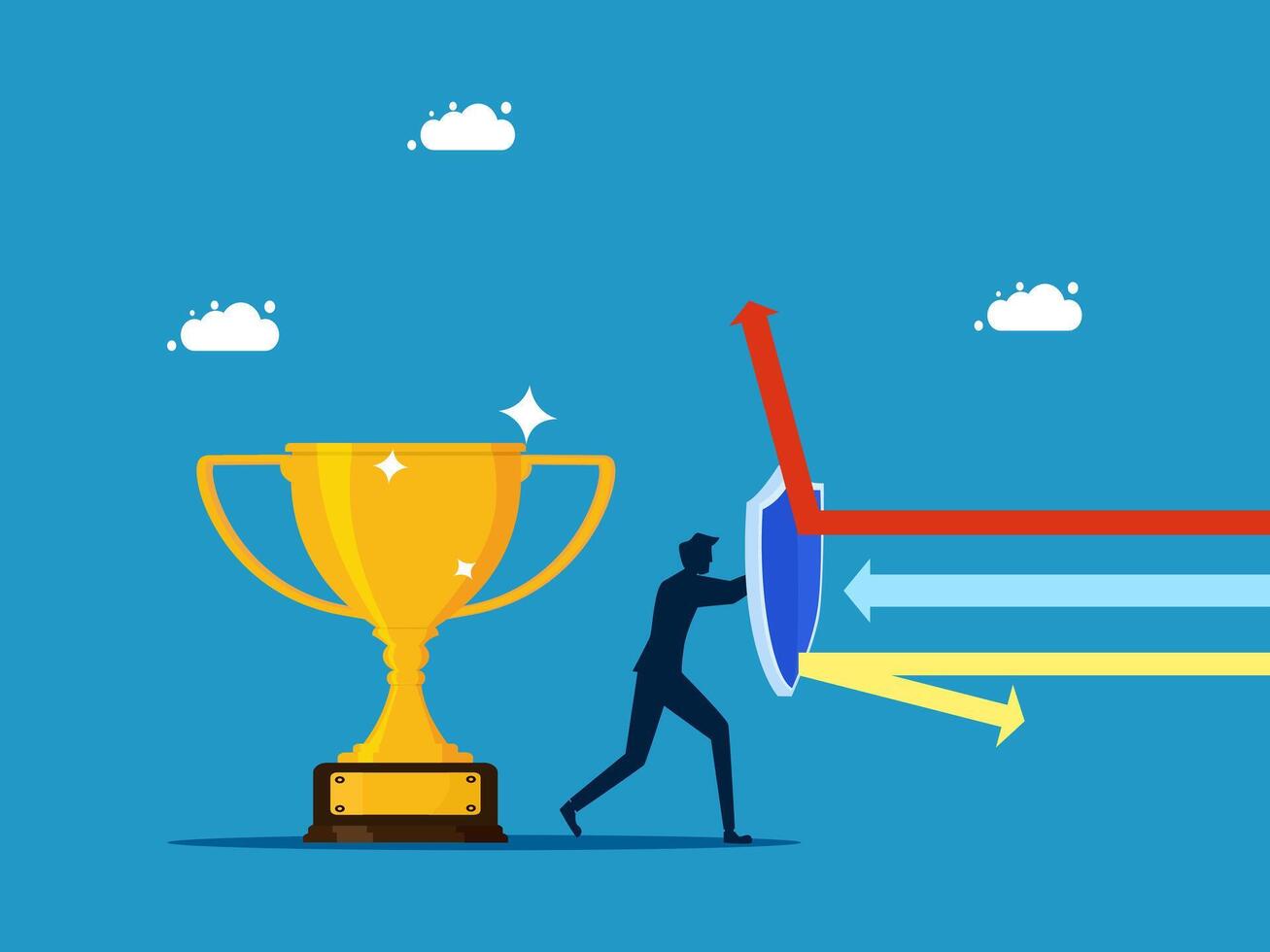 Protect the business champion. man holding a shield to protect the trophy vector