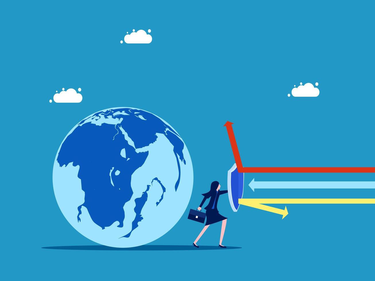 protection of the world economy. businesswoman holding a shield to protect the earth vector