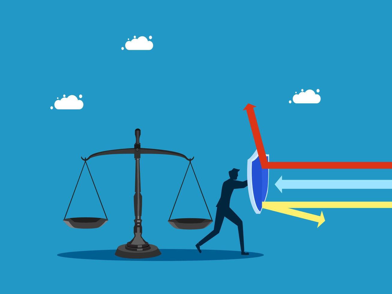 Protection of law or justice. Businessman holding a shield to protect the scales vector