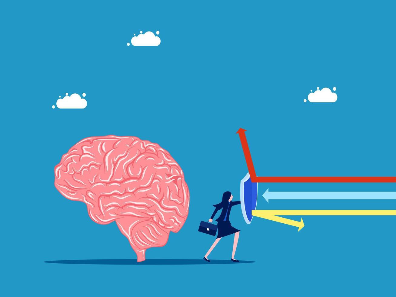 Protect mind. Businesswoman holding a shield to protect the brain vector