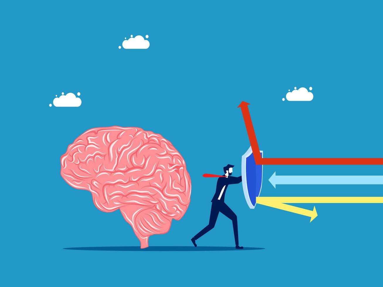 Concept protection. Businessman holding a shield to protect the brain vector