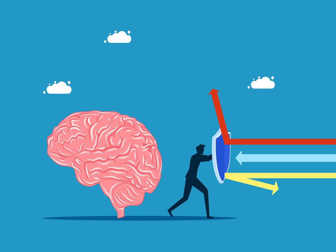 Protect mind. Businessman holding a shield to protect the brain vector