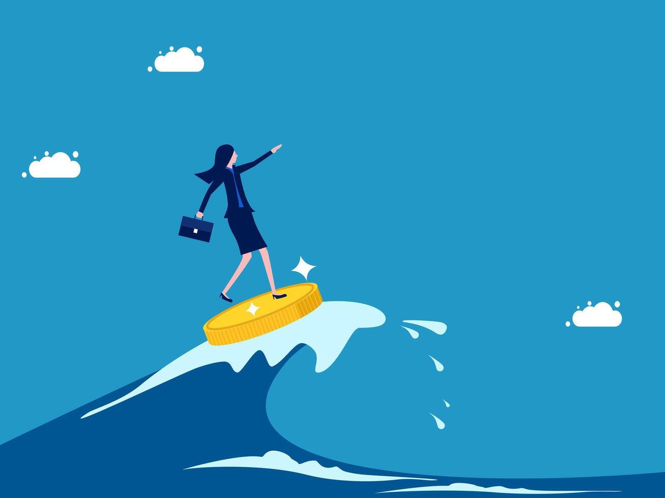 Businesswoman surfing sea waves with coins. The concept of going through a crisis with money vector