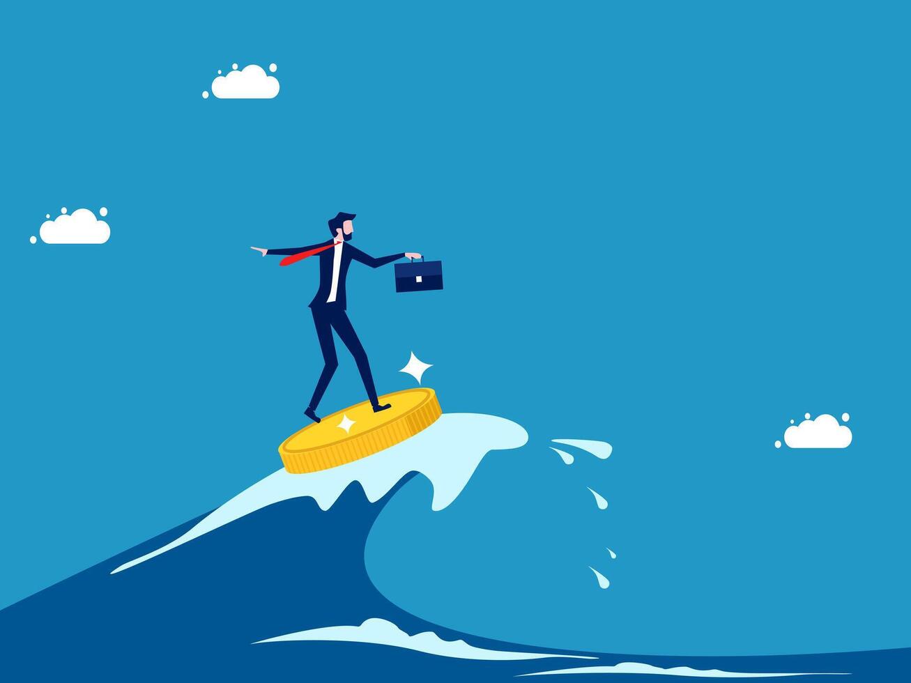 Businessman surfing sea waves with coins. The concept of going through a crisis with money vector