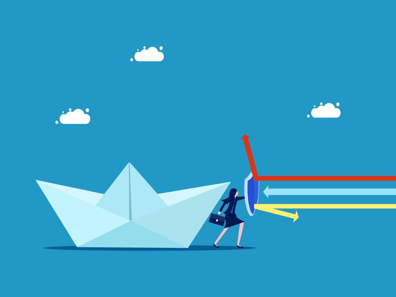 businesswoman with a paper boat and a rainbow arrow vector