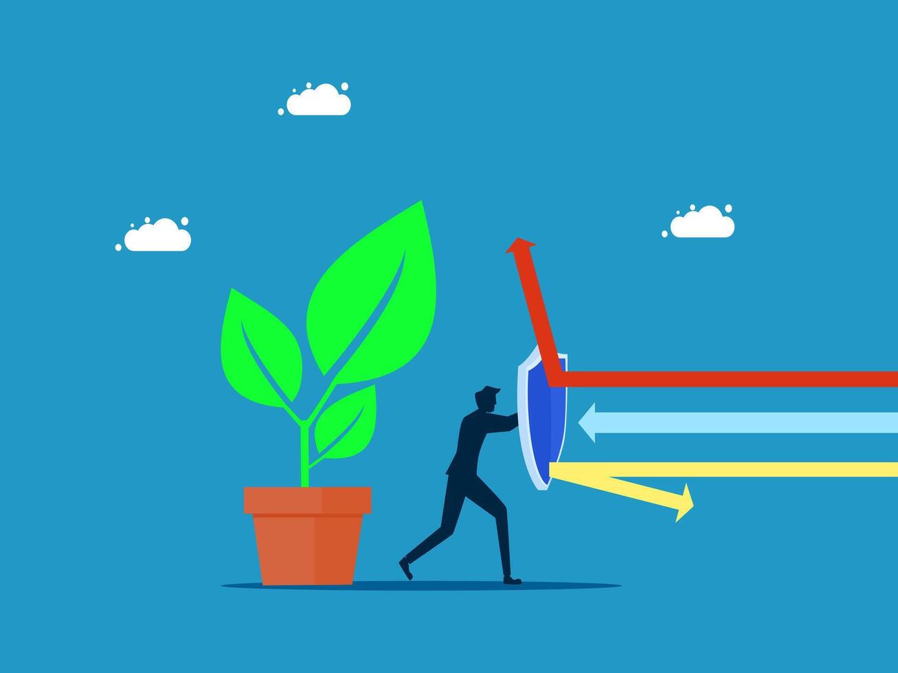 businessman with a plant in a pot and a red arrow pointing to it vector