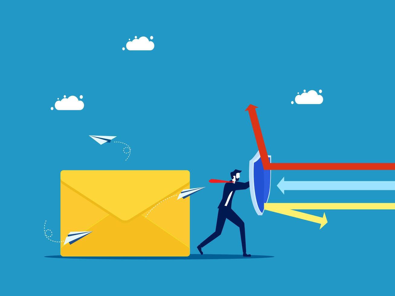 protection businessman with arrow and envelope on blue background vector