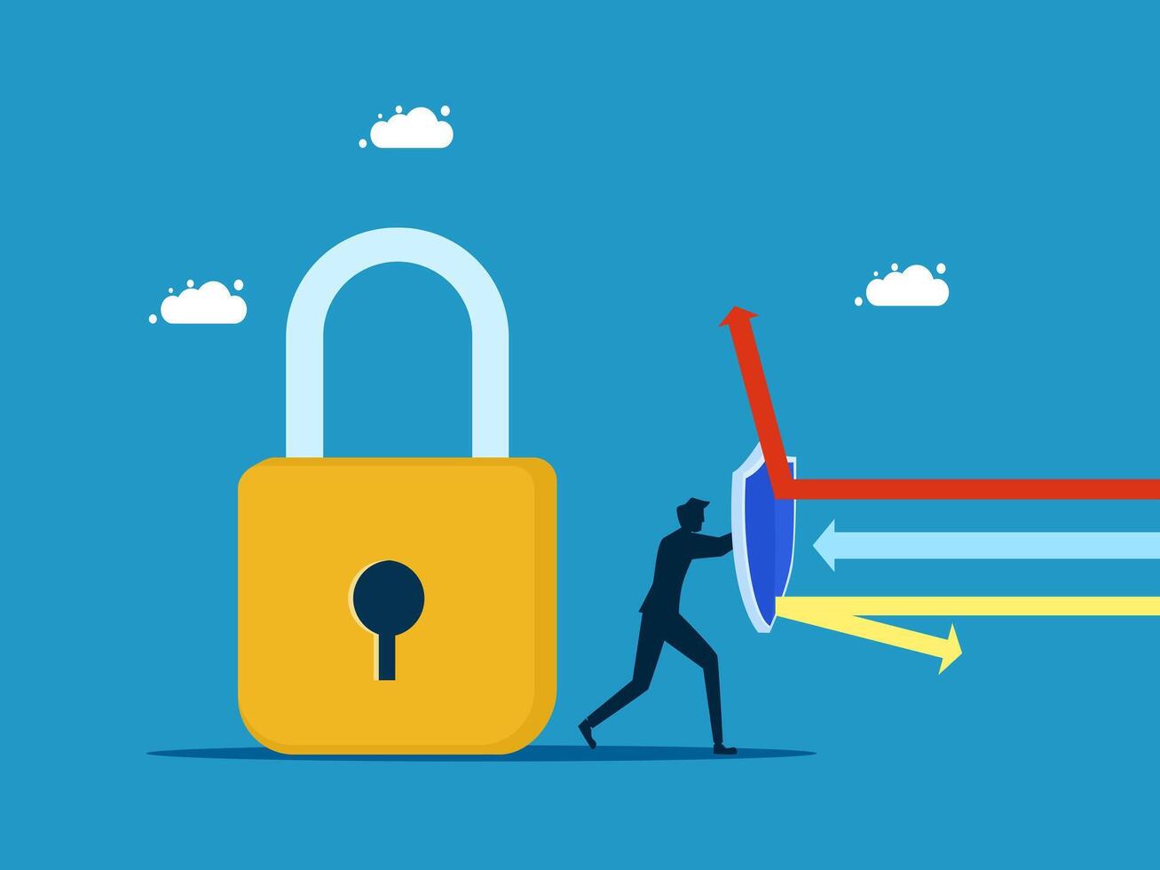 man is walking towards a padlock with arrows pointing to it vector