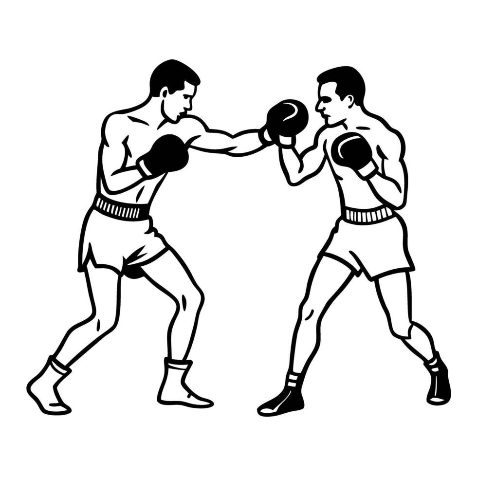Two boxers sparring in the ring black and white illustration of a boxing match, athletic competition, fighting sport vector