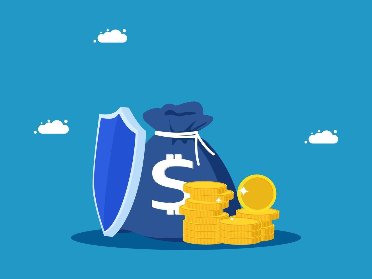 money bag with dollar sign and shield on blue background vector