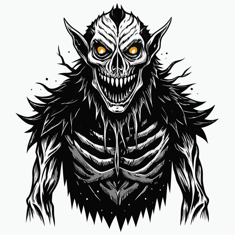 Sinister Creature Illustration with Glowing Eyes and Skeletal Features vector