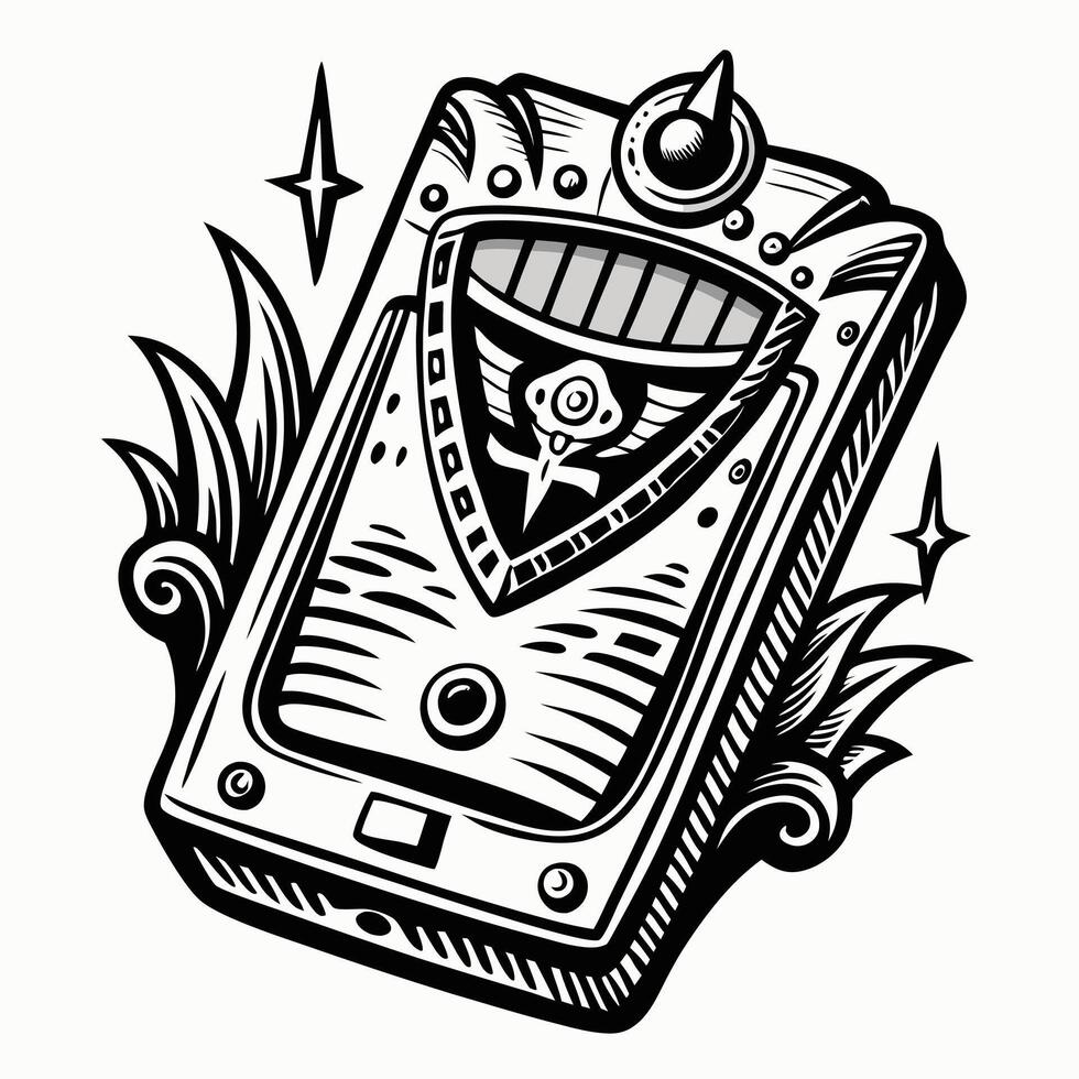 Retro Sci Fi Handheld Device with Alien Design Intricate Black and White Illustration vector