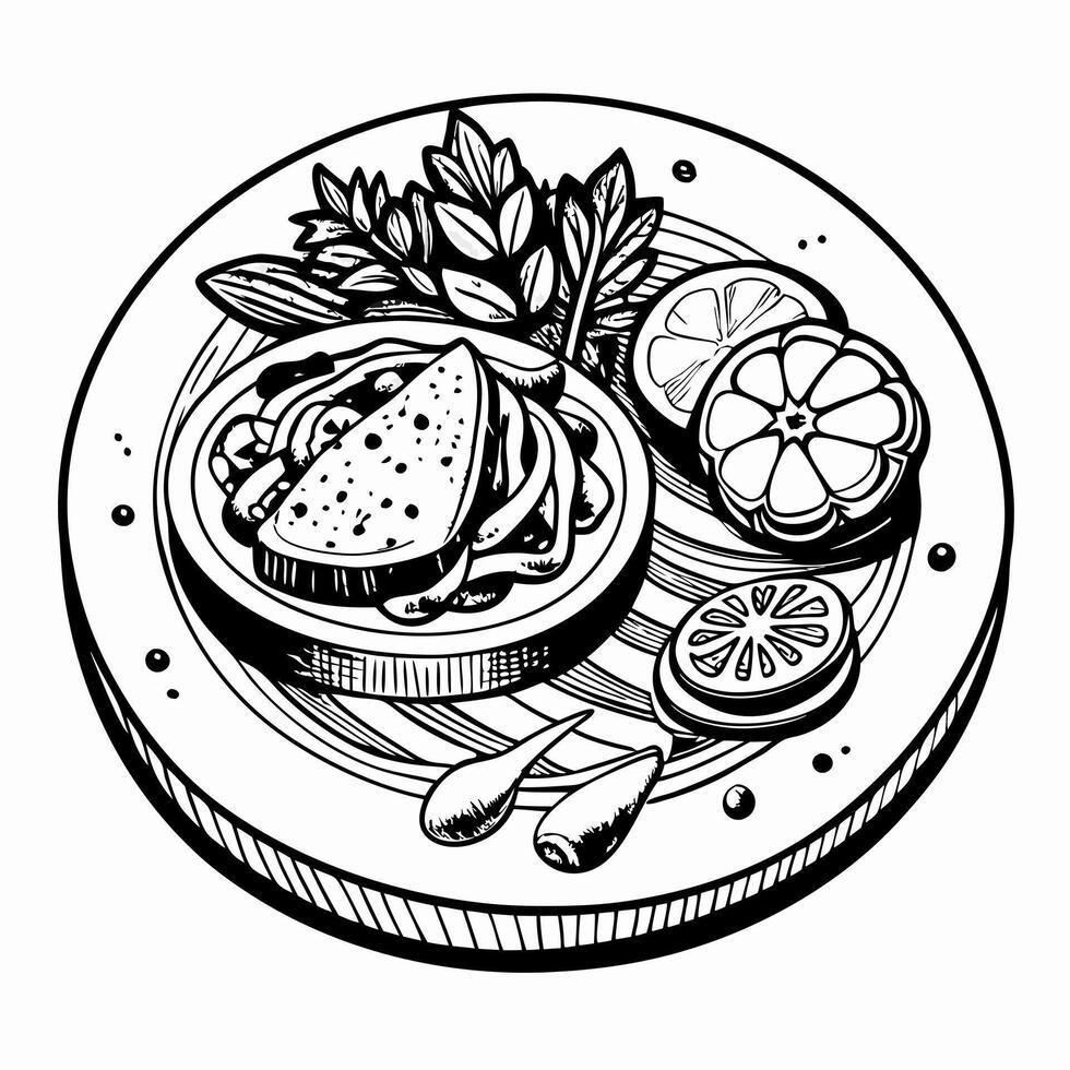 Black and White Illustration of a Gourmet Vegetable Salad on a Plate with Lemon Slices vector