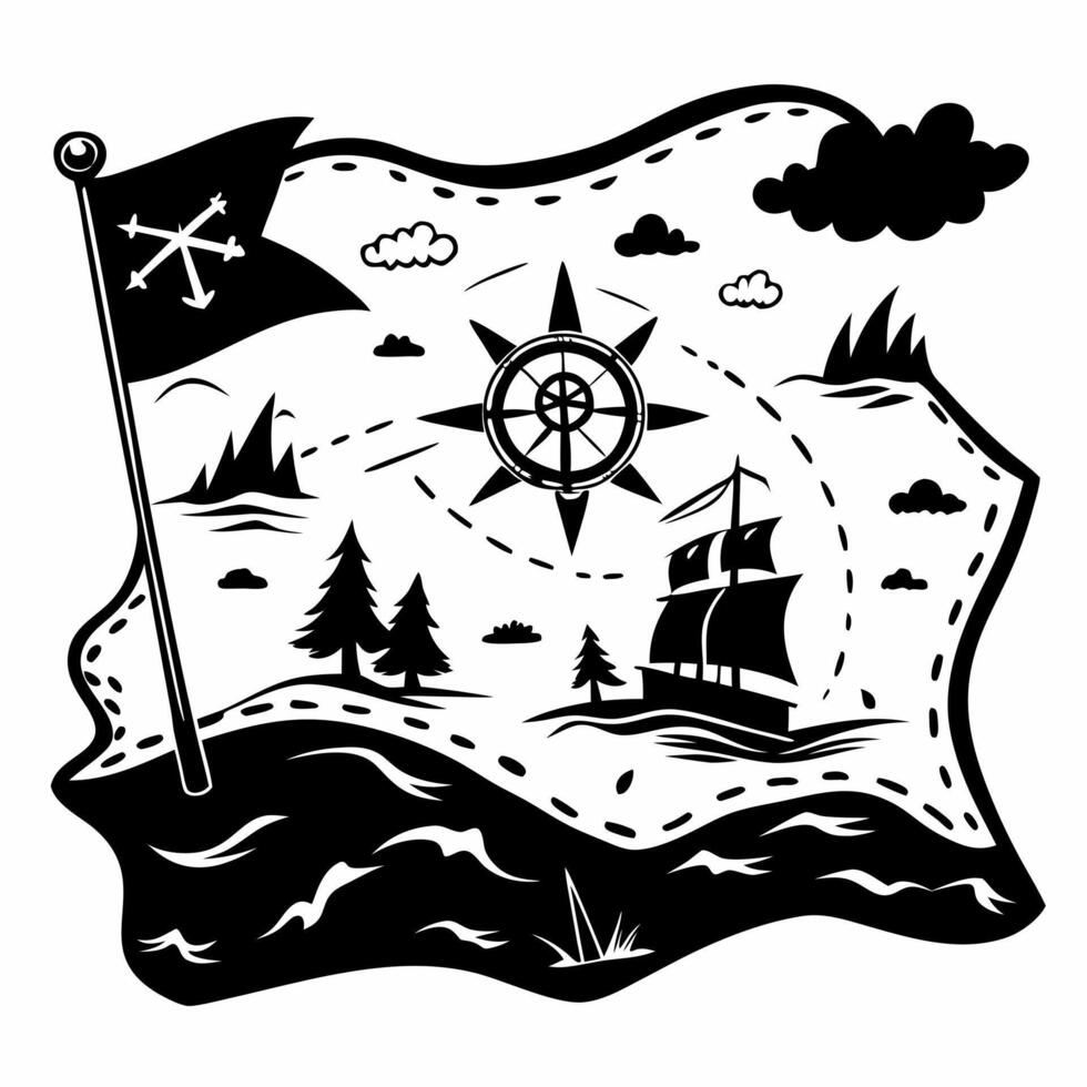Vintage Nautical Treasure Map with Ship and Compass Illustration vector
