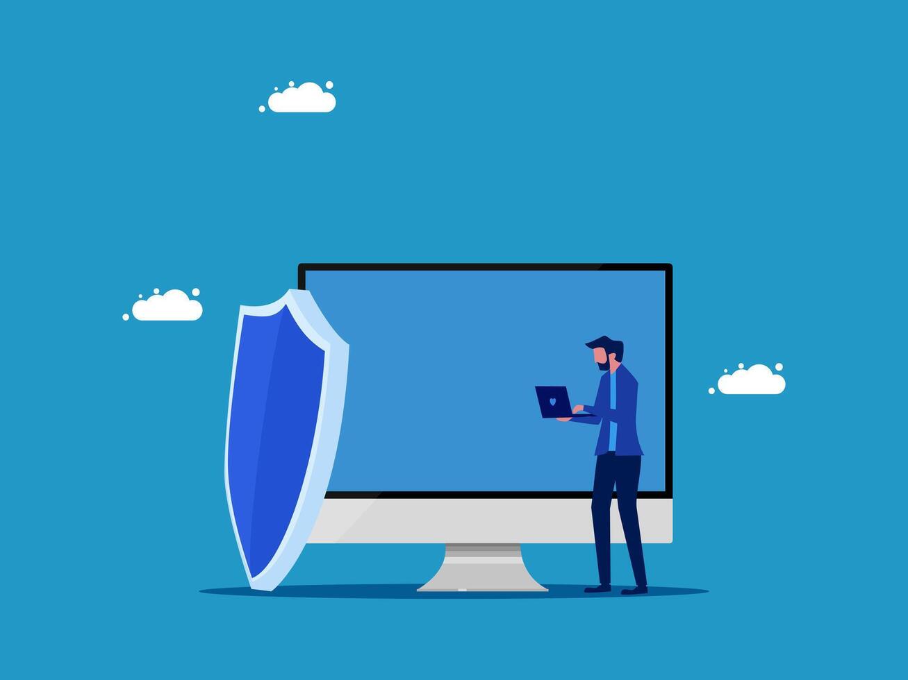 un hombre es en pie en frente de un computadora pantalla con un proteger vector